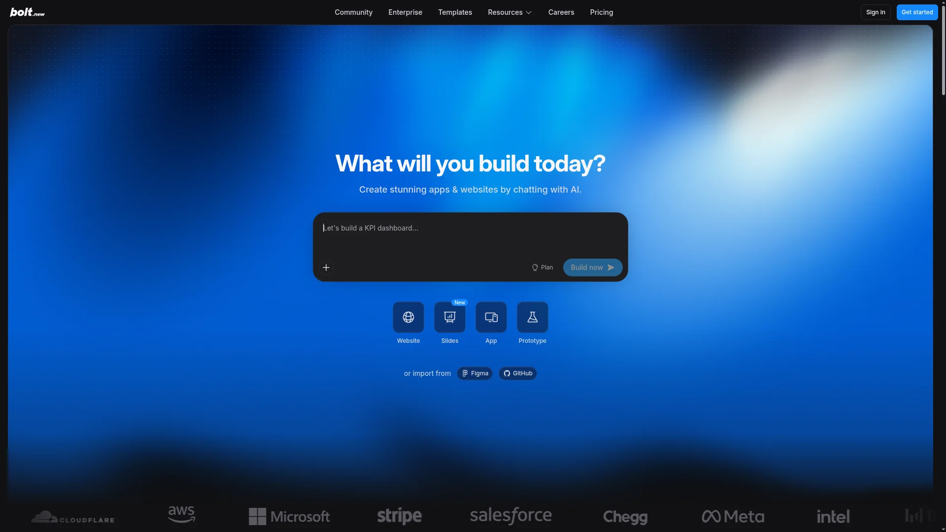 Bolt.new homepage showing StackBlitz's in-browser AI web app builder