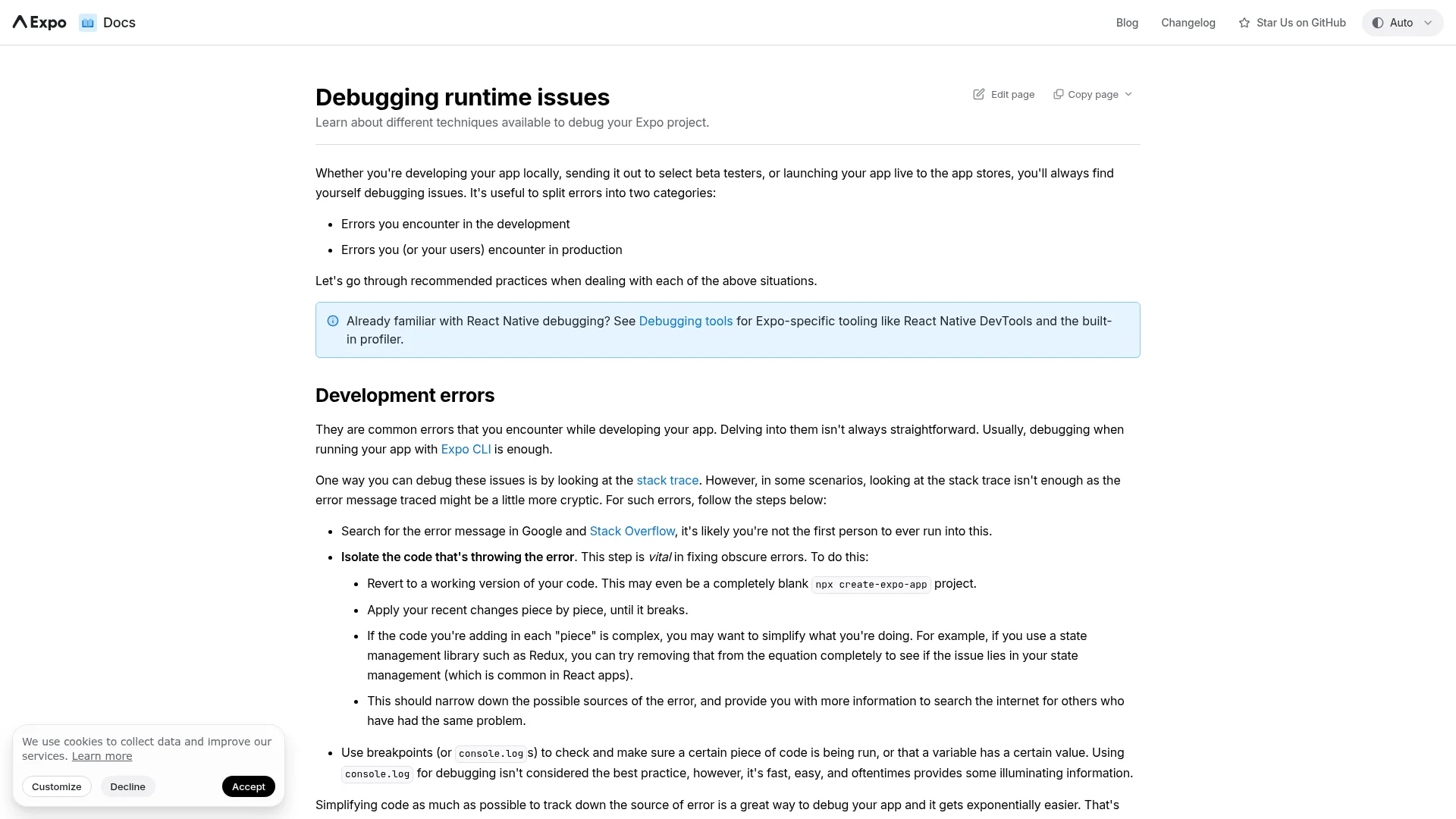 Expo documentation page on debugging runtime issues, showing recommended practices for diagnosing development errors.