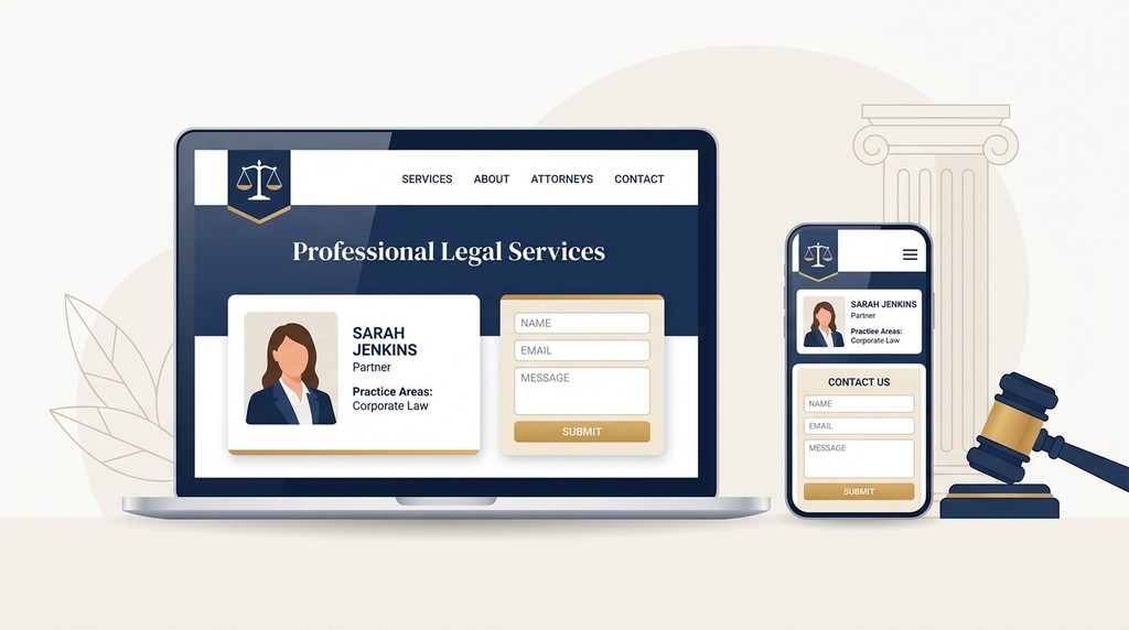 Law firm website design mockup on laptop and mobile, showing attorney profile and contact form