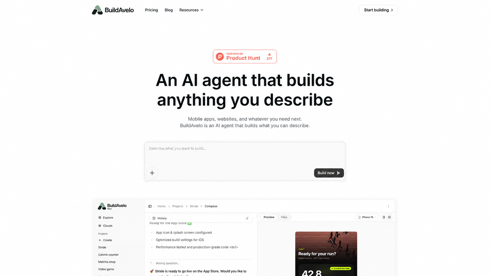 BuildAvelo landing page showing an AI agent that builds mobile apps and websites