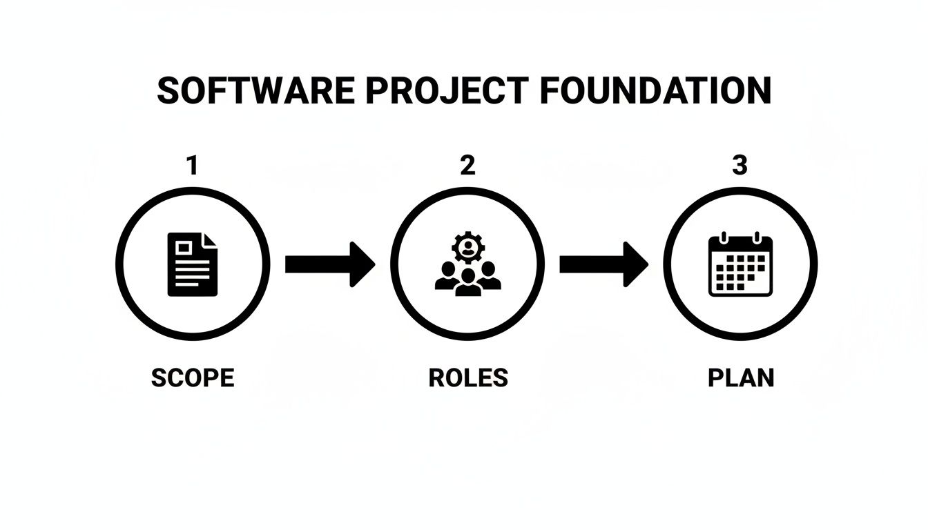 Diagram showing the three foundational steps for a software project: Scope, Roles, and Plan.