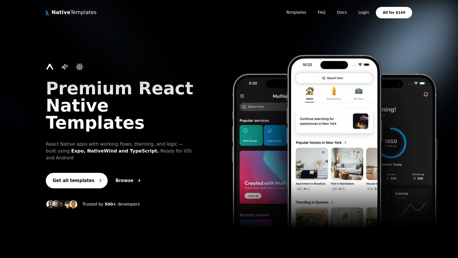 Native Templates showing a booking app template with user authentication, service listings, and appointment scheduling screens