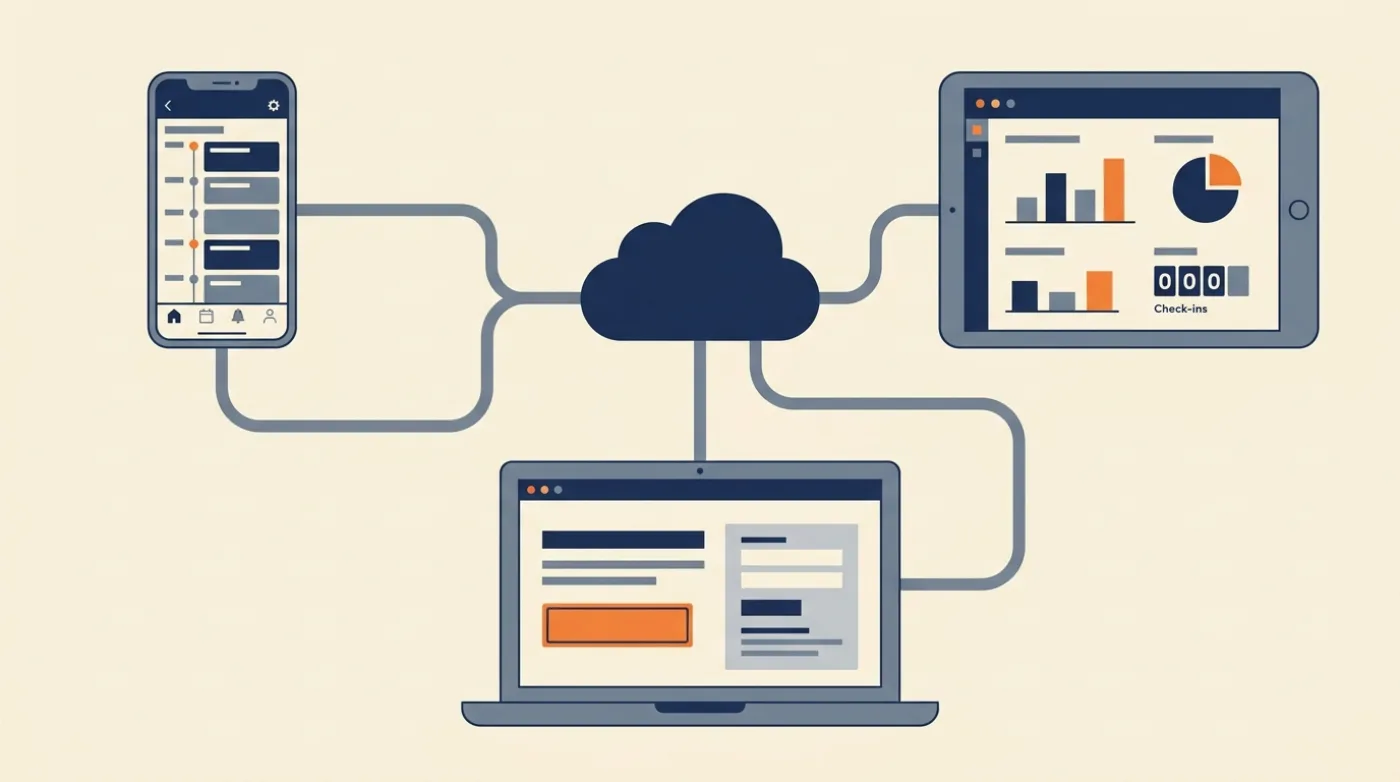 One BuildAvelo project powering the event app, the registration website and the organizer dashboard from a shared database