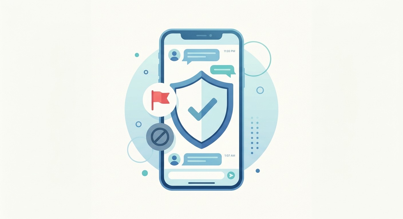 Illustration of dating app safety features including reporting, blocking, and moderation