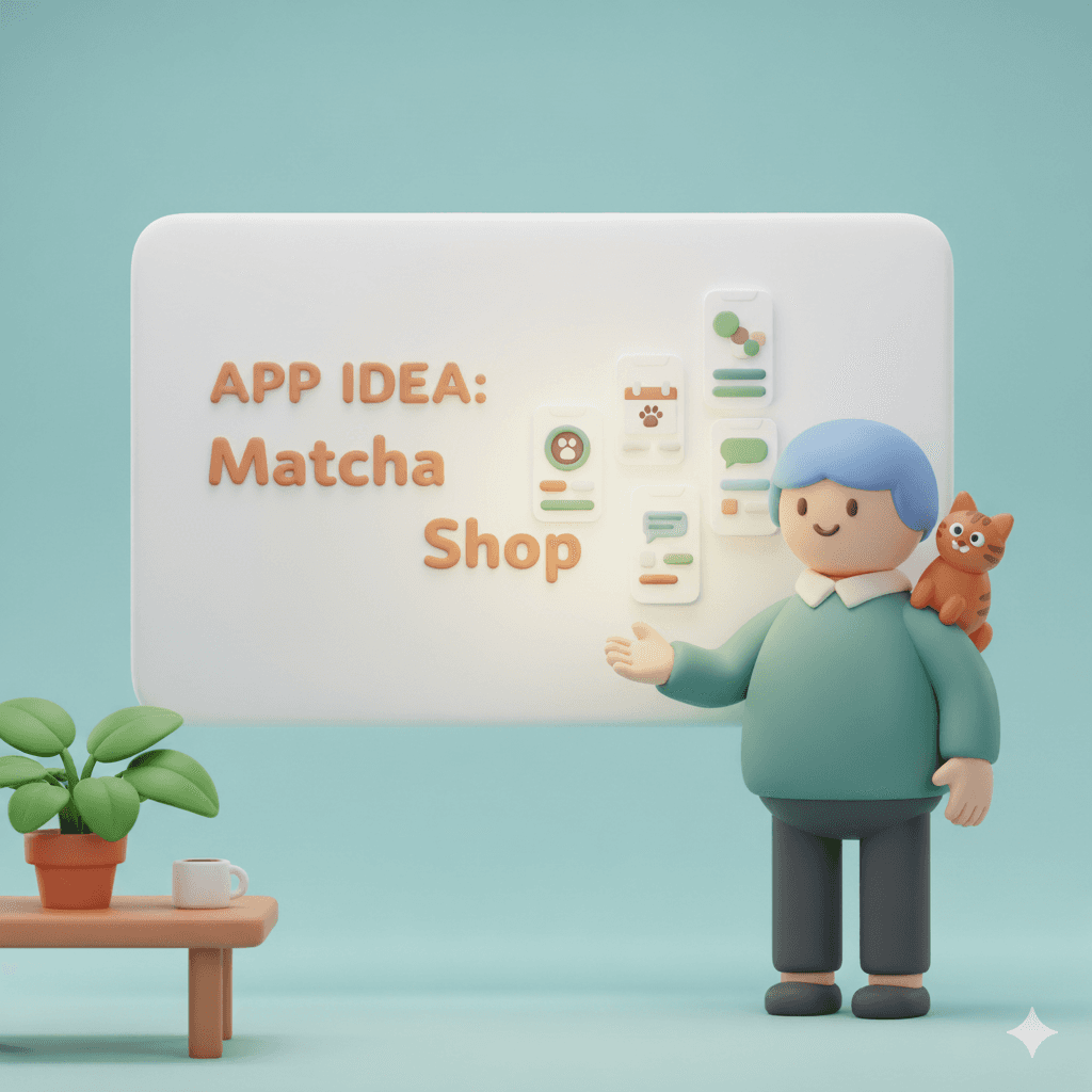 3D illustration of a person presenting an app idea for a matcha shop, with mobile app interface designs displayed on a board, accompanied by a cute orange cat on their shoulder and a plant on a table.