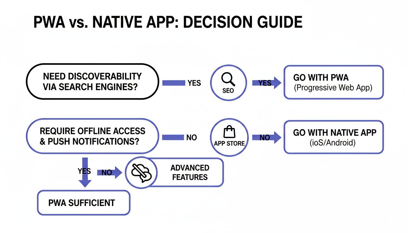 Decision flowchart comparing progressive web apps versus native apps