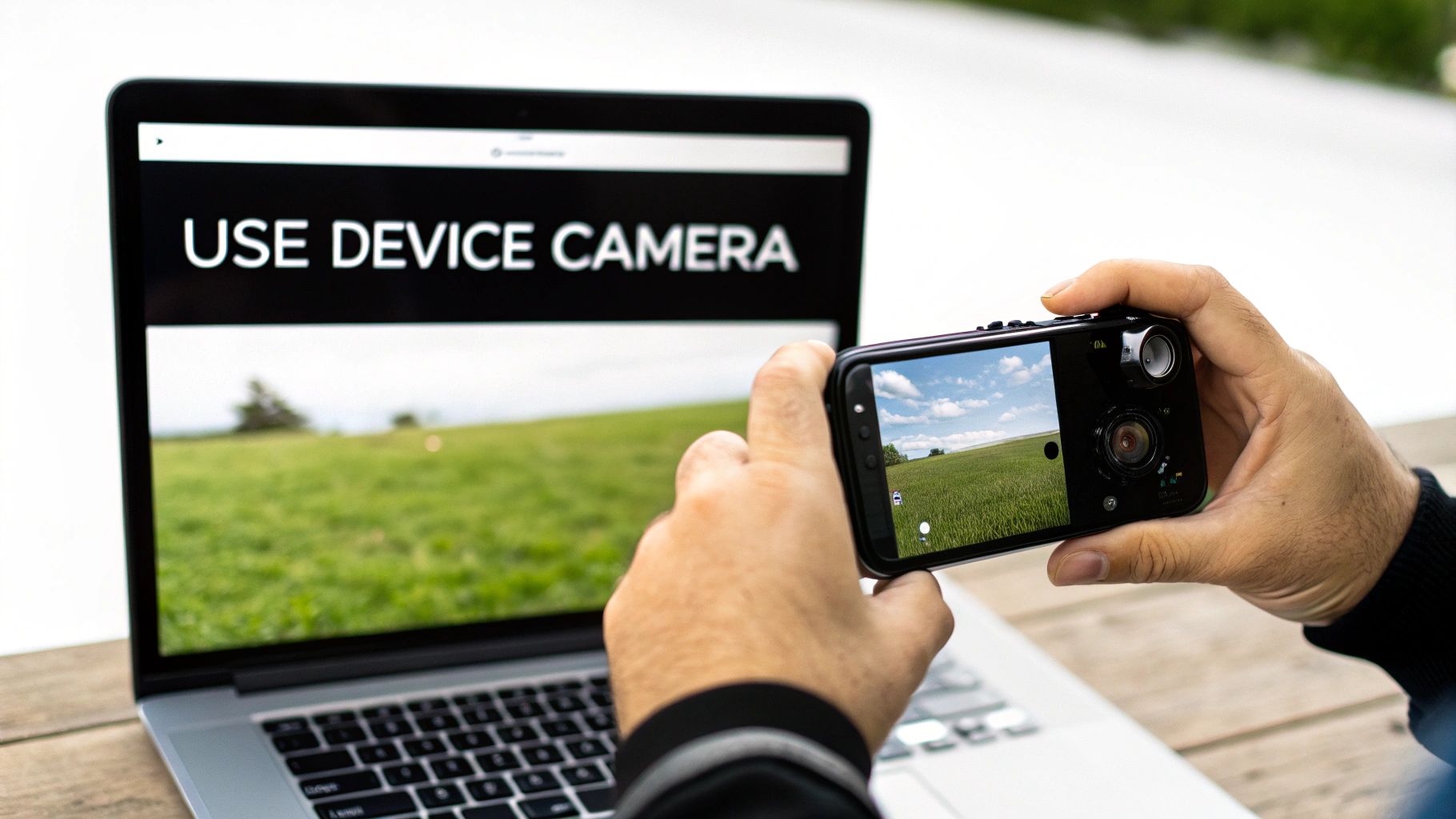 A smartphone displaying a React Native camera interface surrounded by GPS, notification, and other device feature icons