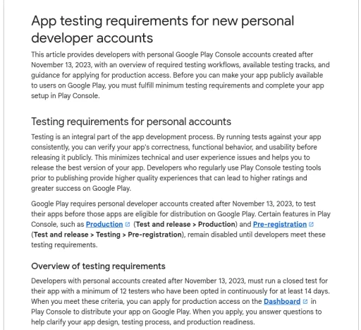 Google Play Console Help page on the testing requirements for new personal developer accounts