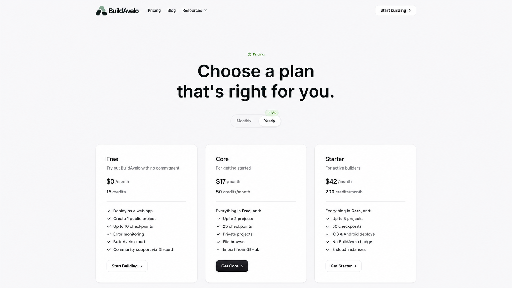 BuildAvelo pricing page showing the Free, Core, and Starter plans for building a dating app