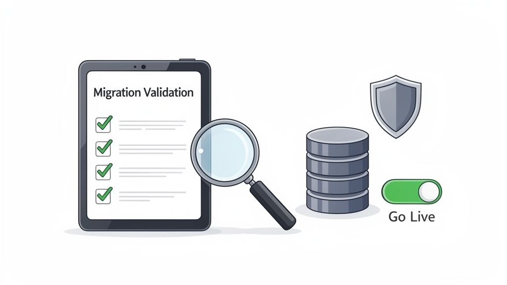 Illustration showing database migration validation, security, and go-live readiness with a tablet checklist and database stacks.