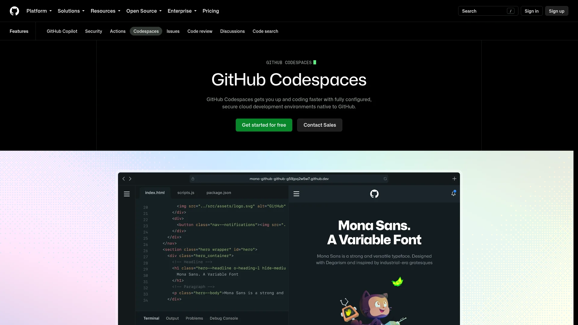 GitHub Codespaces product page showing VS Code running in the browser