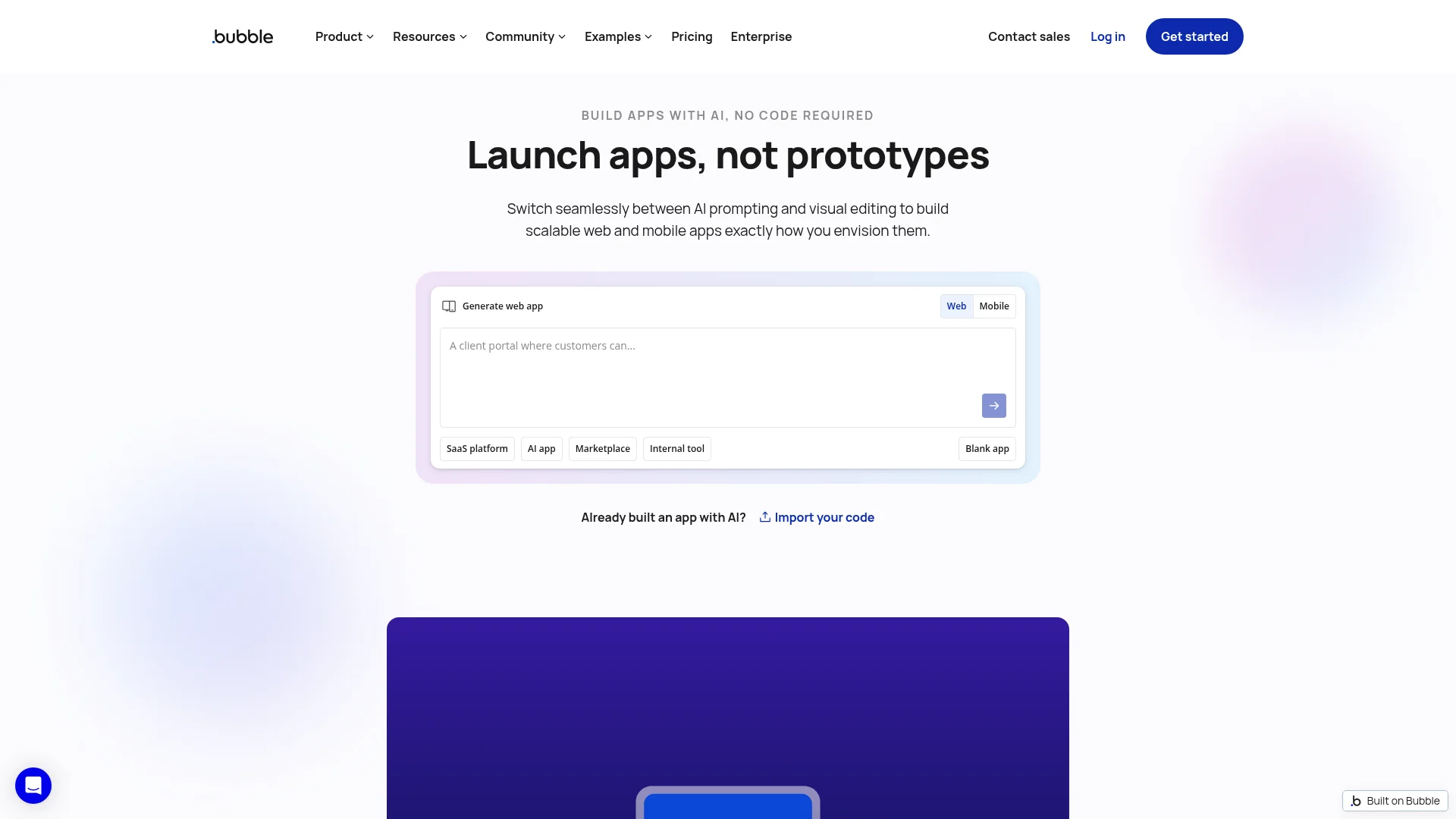 Bubble homepage with a prompt box and a web or mobile toggle