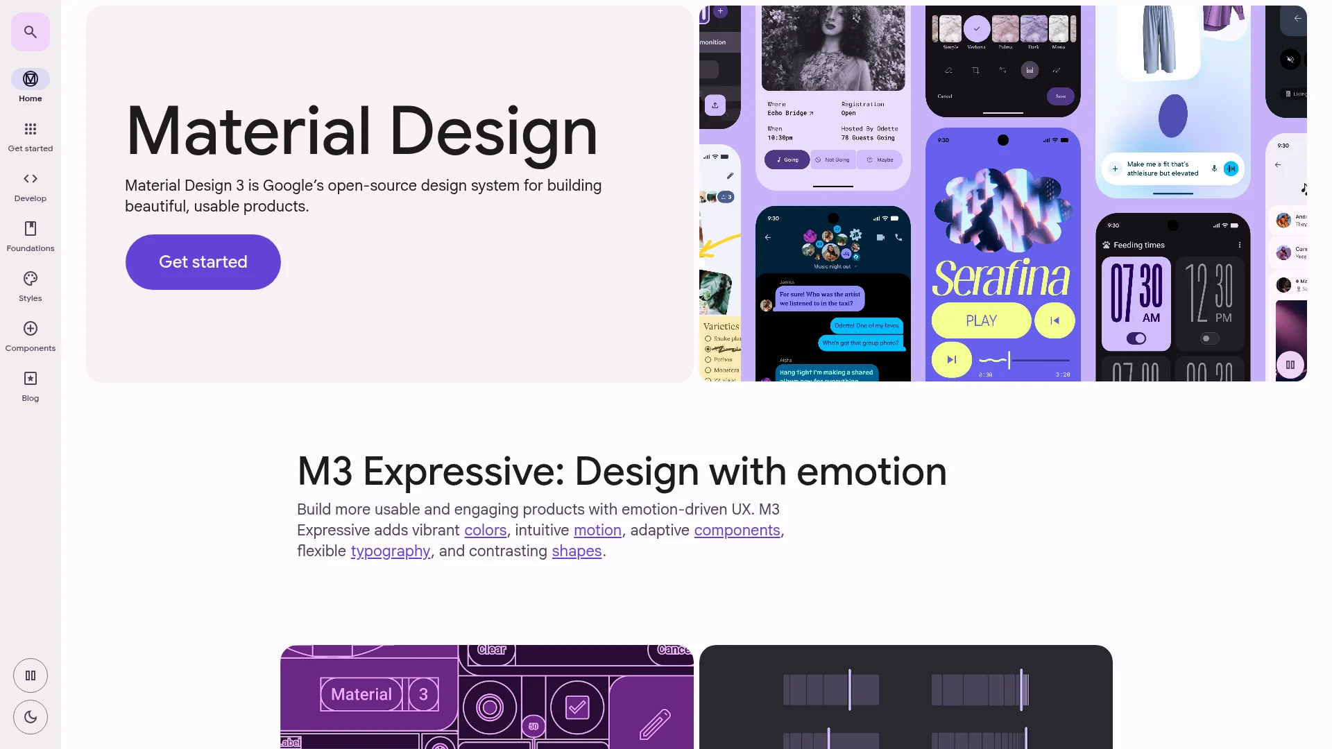 Google Material Design 3 homepage showing mobile app UI examples and design system components.