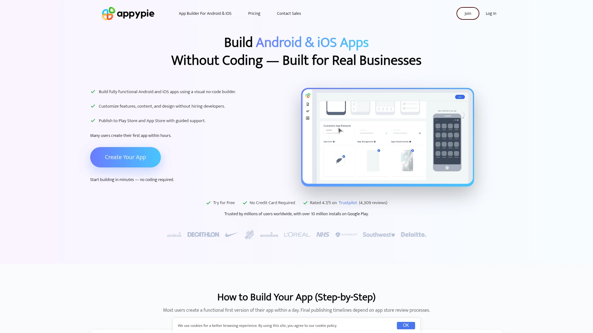 Appy Pie no-code app maker interface with drag-and-drop editor