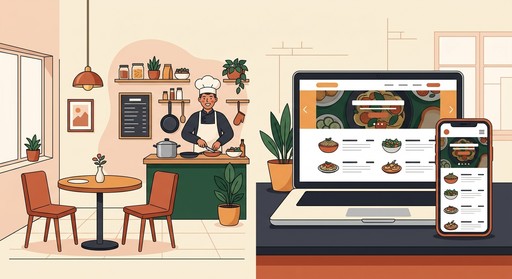 Illustration of a chef cooking in a cozy restaurant kitchen with a dining table, plants, and shelves, alongside a laptop and smartphone displaying a restaurant website and menu app with food photos and dish listings.
