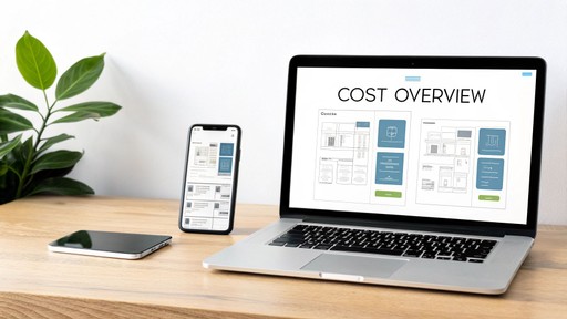 Person checking how much it costs to make an app on a tablet, with cost charts in the background