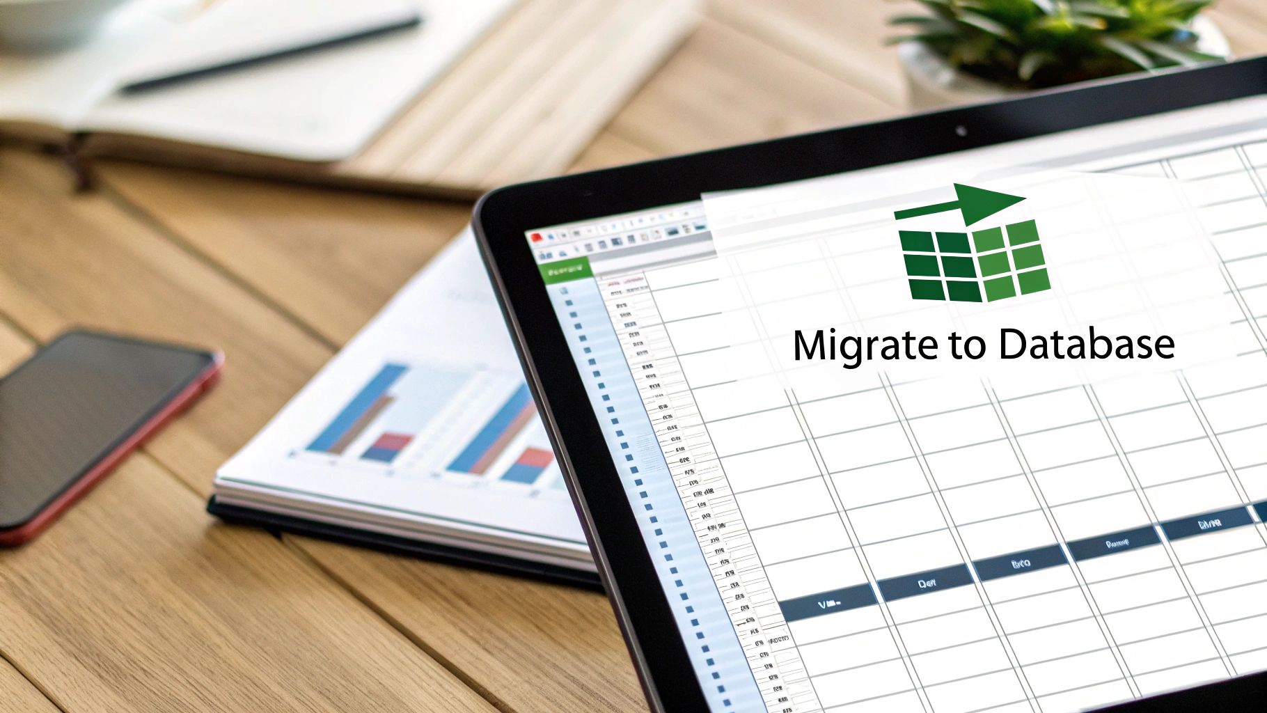 A laptop displays a spreadsheet interface with a 'Migrate to Database' graphic and icon.