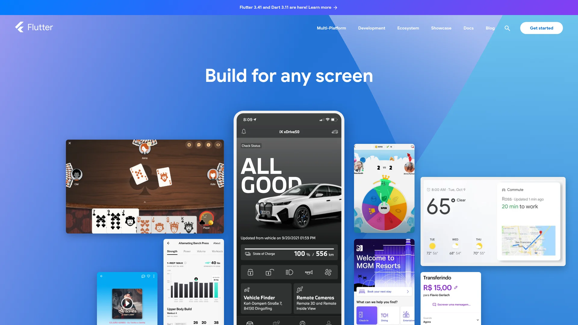 Flutter.dev homepage showing Flutter 3.41 and Dart 3.11 release with Build for any screen tagline