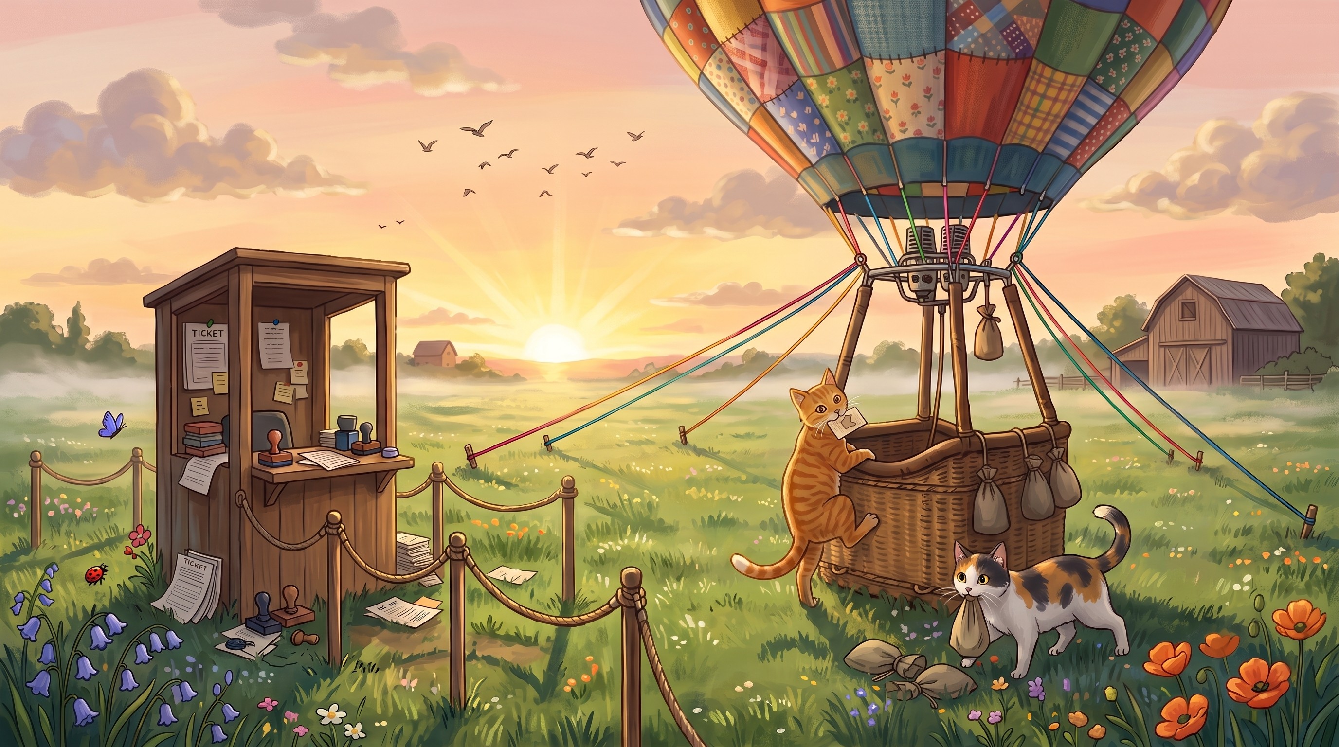 At sunrise in a misty meadow, an orange tabby climbs into the wicker basket of a patchwork hot air balloon with a ticket in its mouth, while a calico carries a sandbag, near an empty wooden ticket booth.
