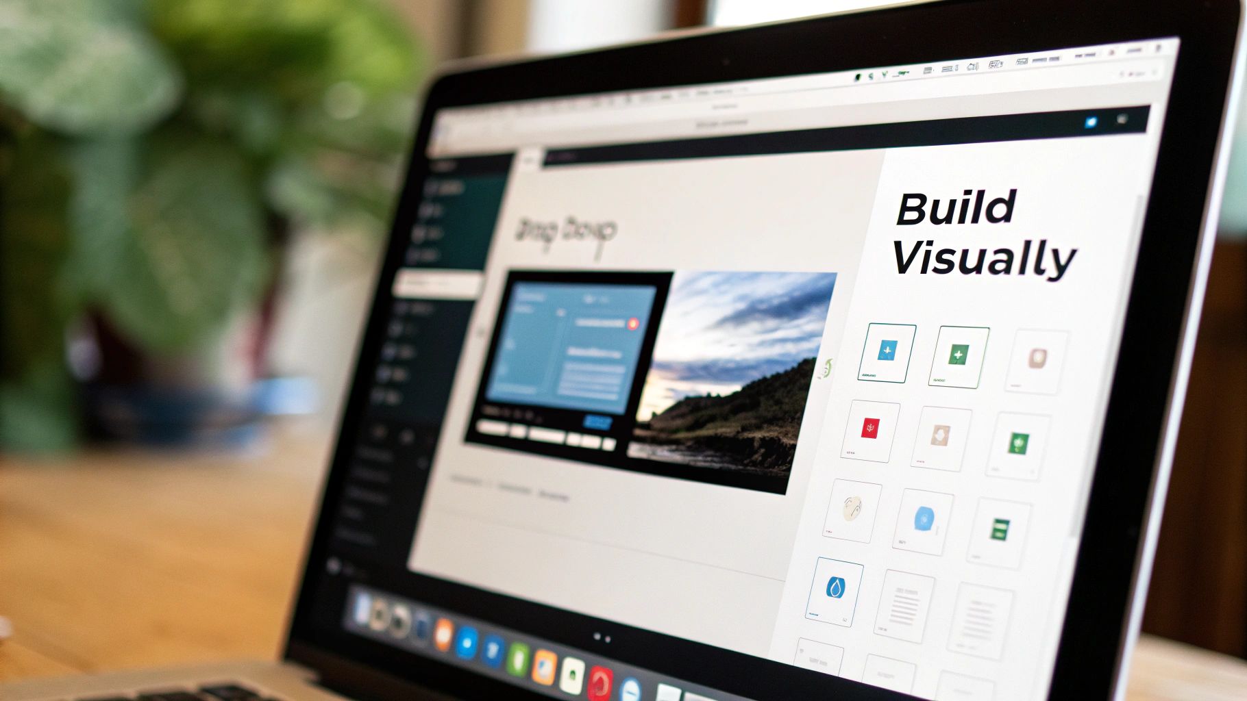 A person dragging and dropping elements in a visual app editor on a computer screen