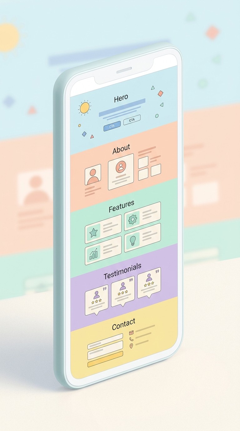 Isometric illustration of a one page website as a vertical stack of sections on a phone screen