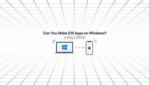 Can You Make iOS Apps on Windows? 6 Ways (2026) — minimalist illustration showing a Windows laptop connected to an iPhone with a dotted arrow on a white perspective-grid background.