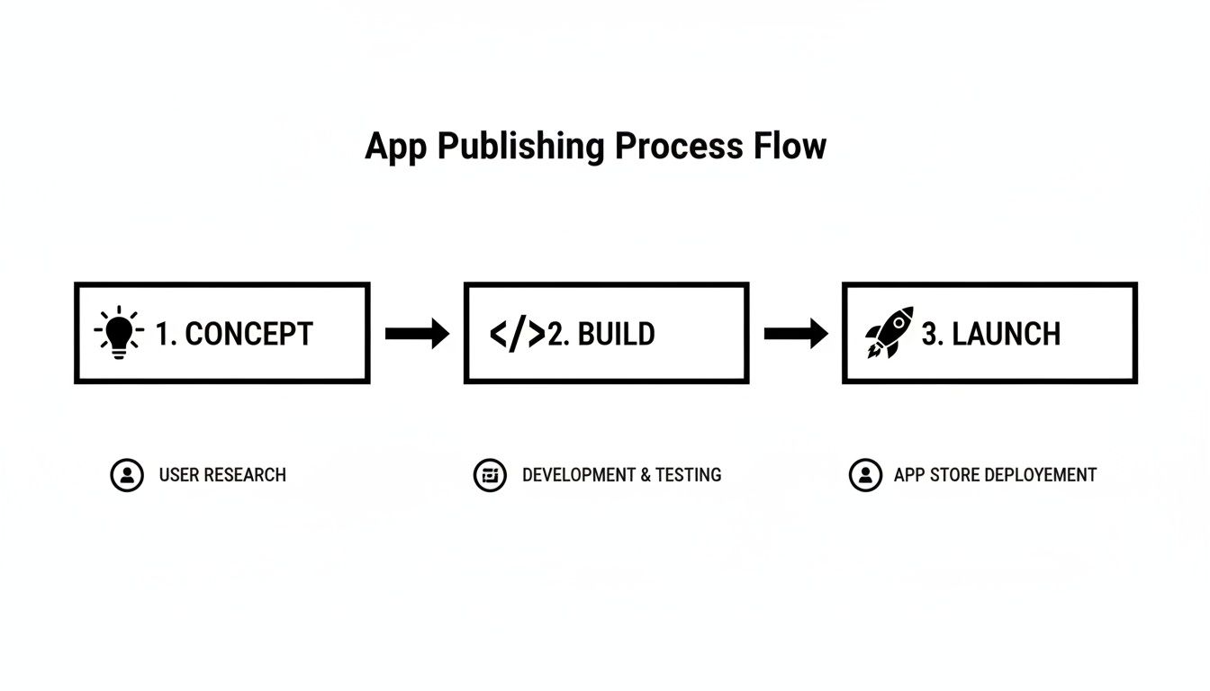 Flow chart of the three-step app publishing process: Concept, Build, Launch.