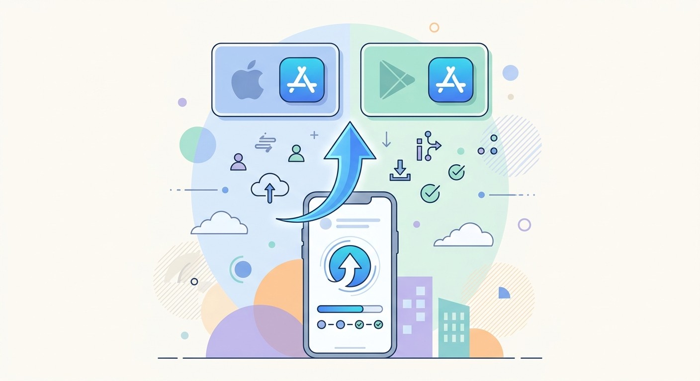 Flat illustration of a mobile app being submitted to the app stores with an upward arrow toward app store badges