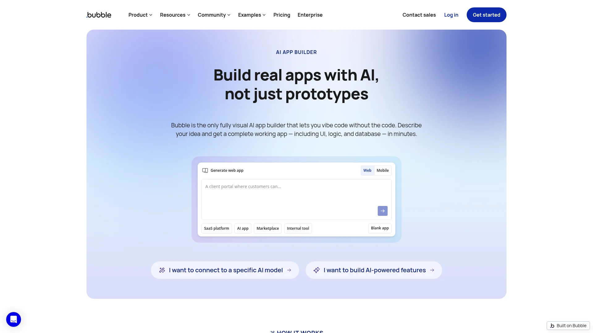 Bubble AI app builder page with a prompt box for generating a web or mobile app