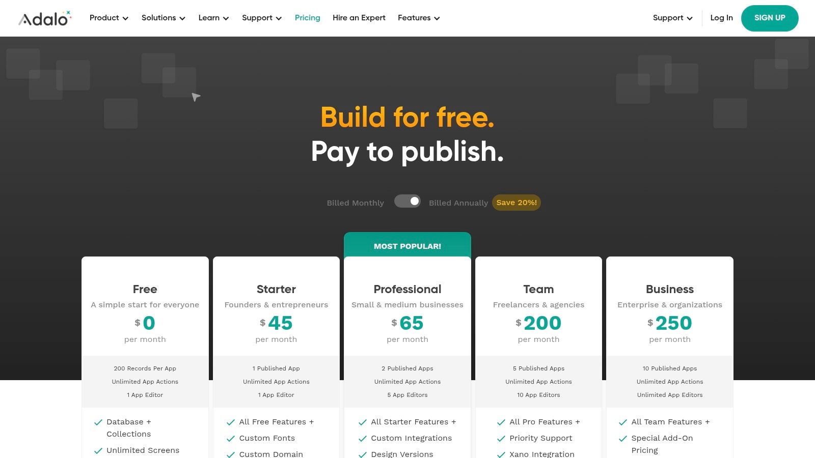 Adalo no-code mobile app builder with one-click publishing to App Store and Google Play