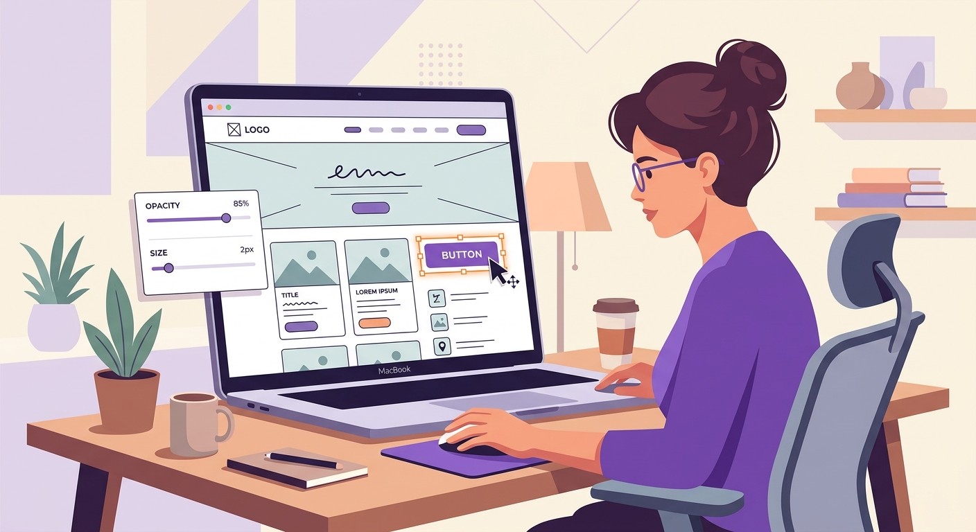 Person refining a website prompt one change at a time on a laptop, flat illustration