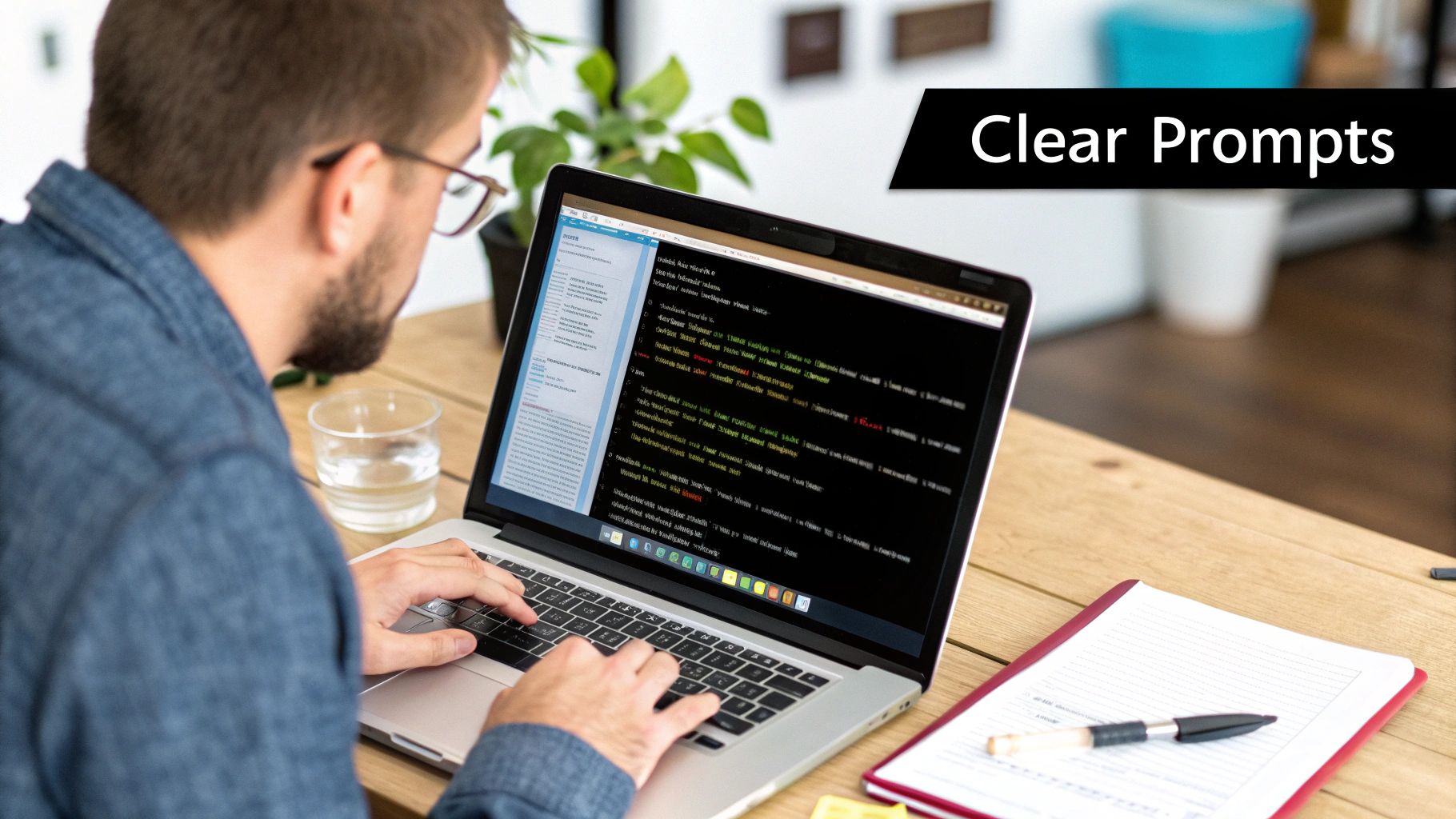 A founder drafting an AI prompt to build an app with AI, writing notes on a digital tablet.