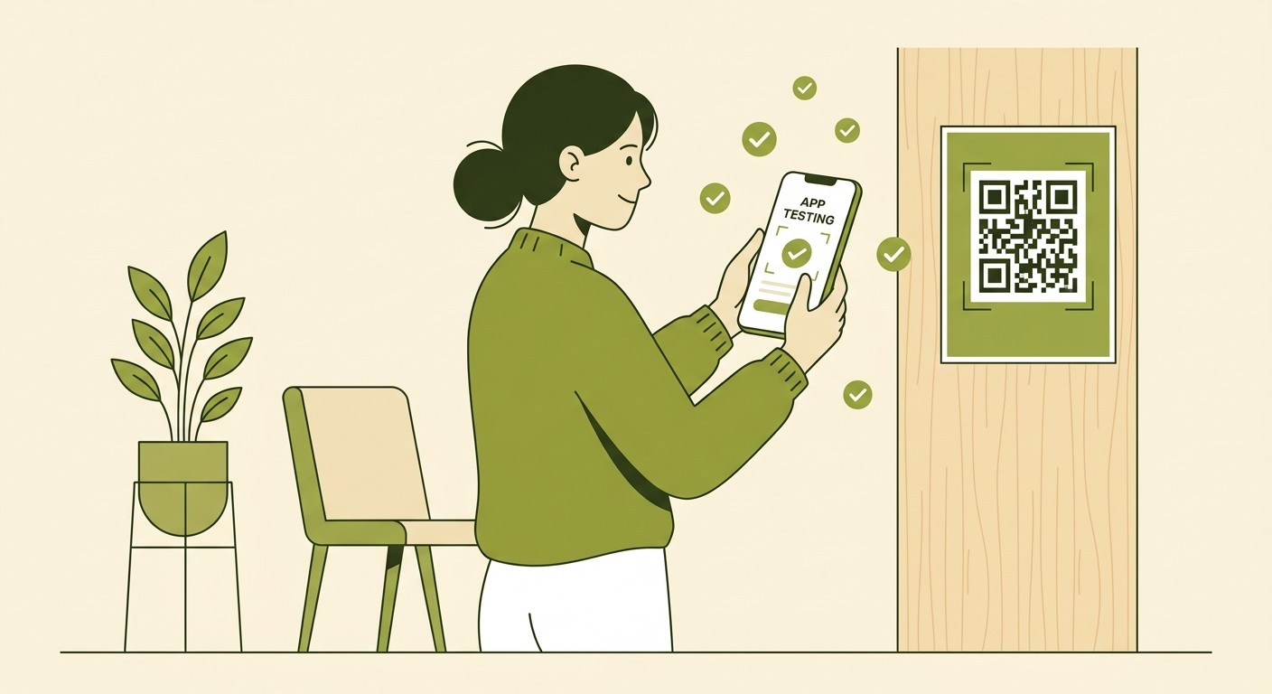 Illustration of a person scanning a QR code with their phone to test a mobile app