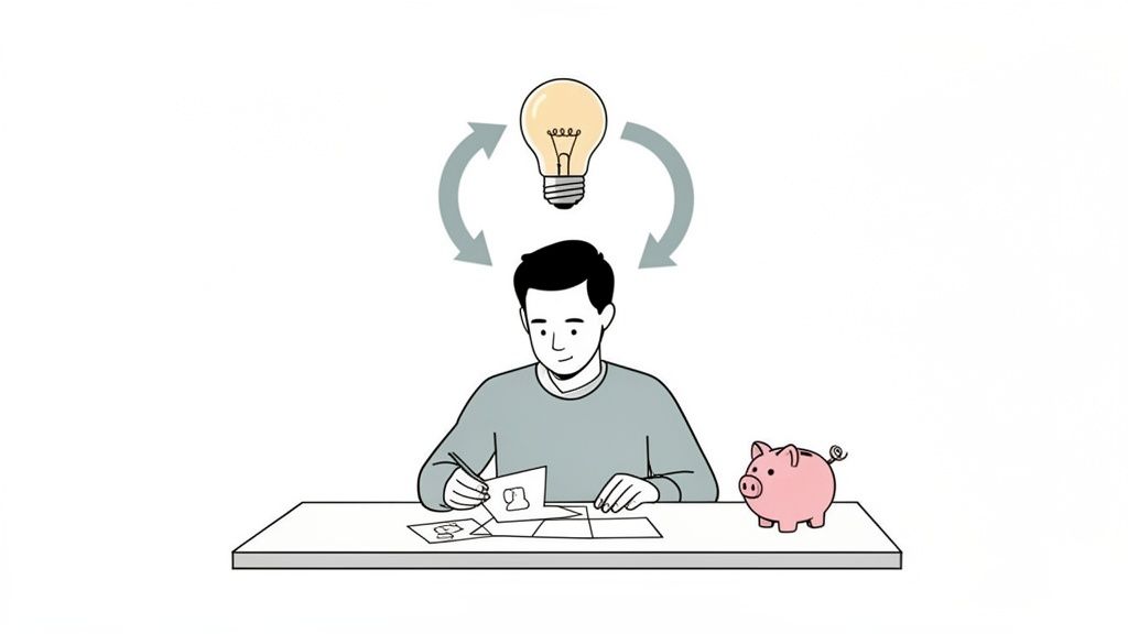 A founder sketching app ideas at a desk with a lightbulb and piggy bank, representing cheap early validation