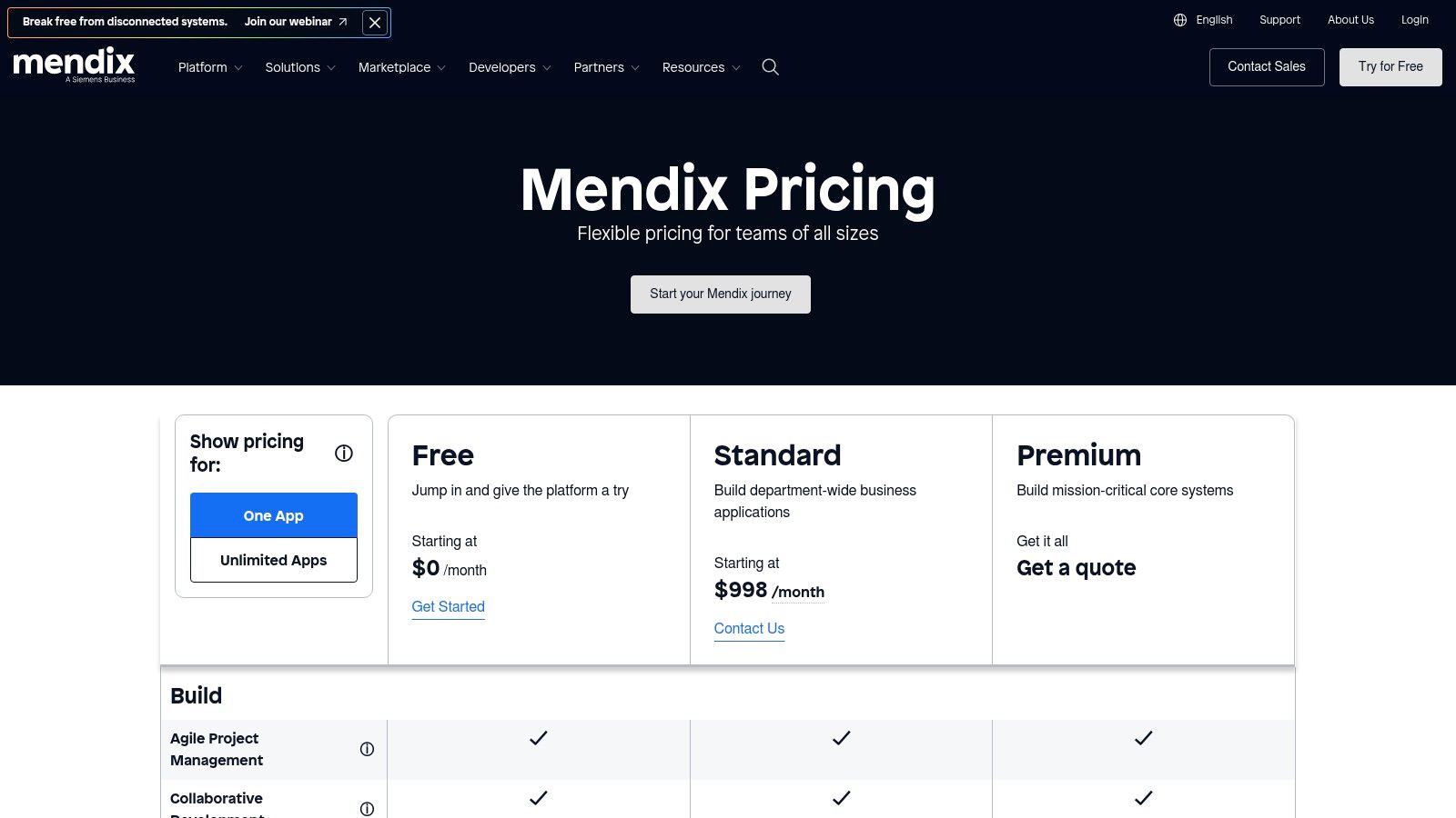 Mendix low-code platform showing the visual app builder with drag-and-drop components and data model editor