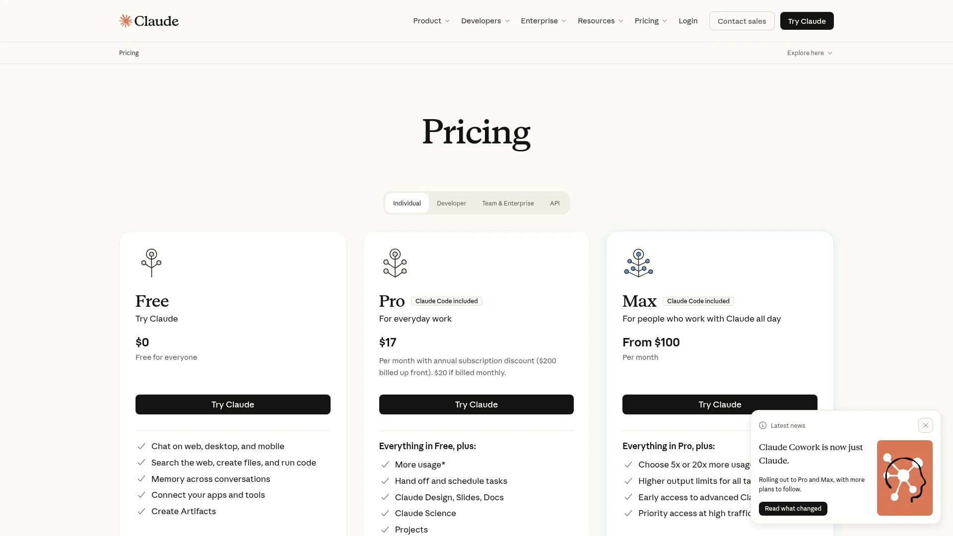 Claude pricing page showing Free, Pro and Max plans and the note that Claude Cowork is now just Claude
