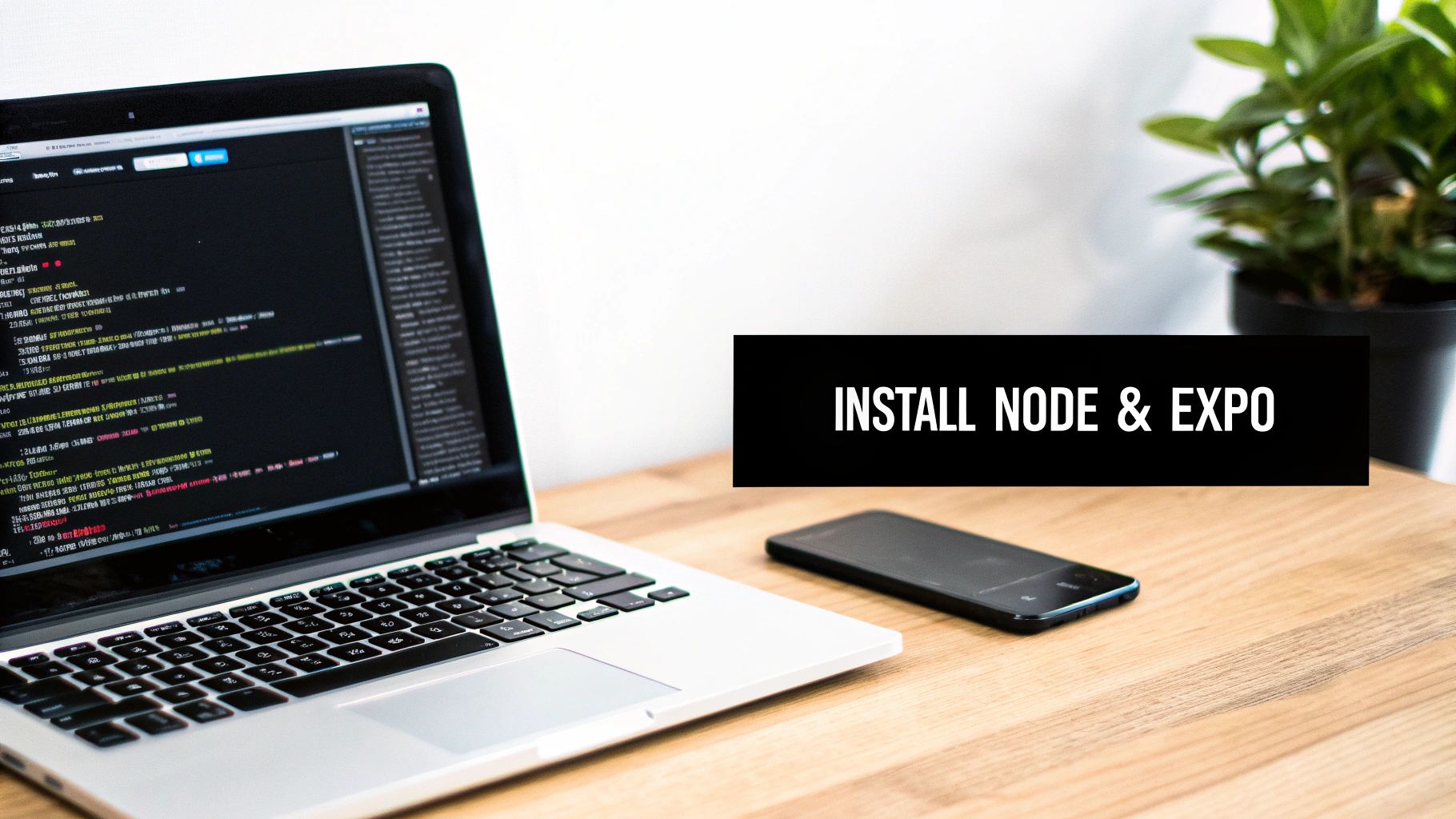 Terminal running npx create-expo-app next to a phone displaying the freshly created Expo app.
