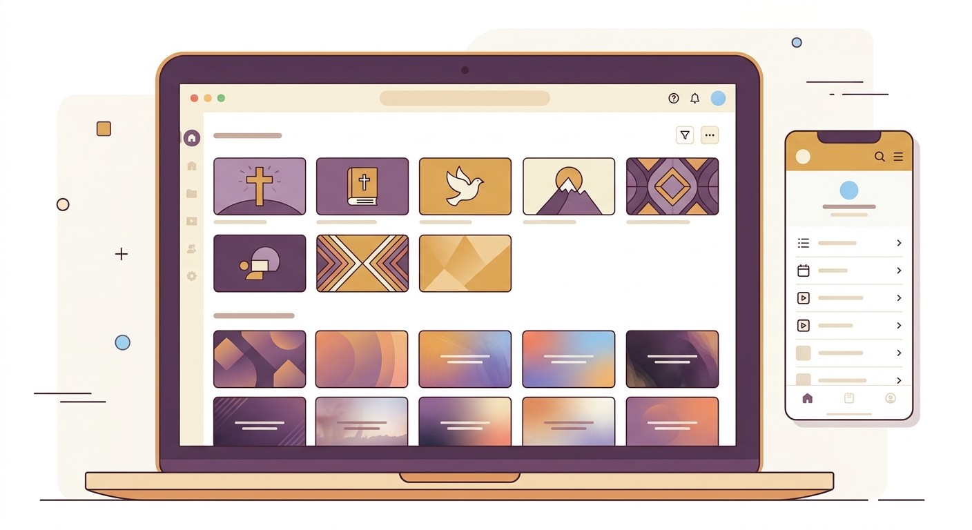 Illustration of a church worship media and graphics library with a companion app