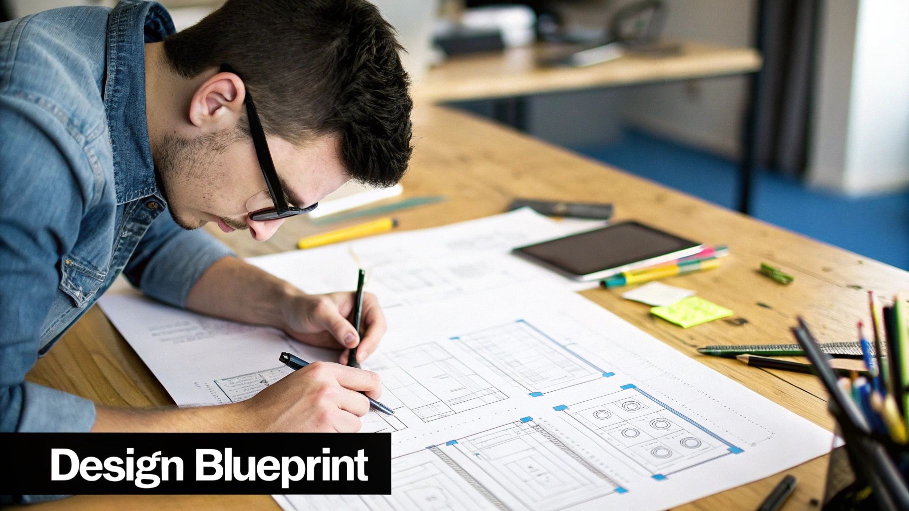 Two people sketching app wireframes and screen layouts on a whiteboard during the design phase