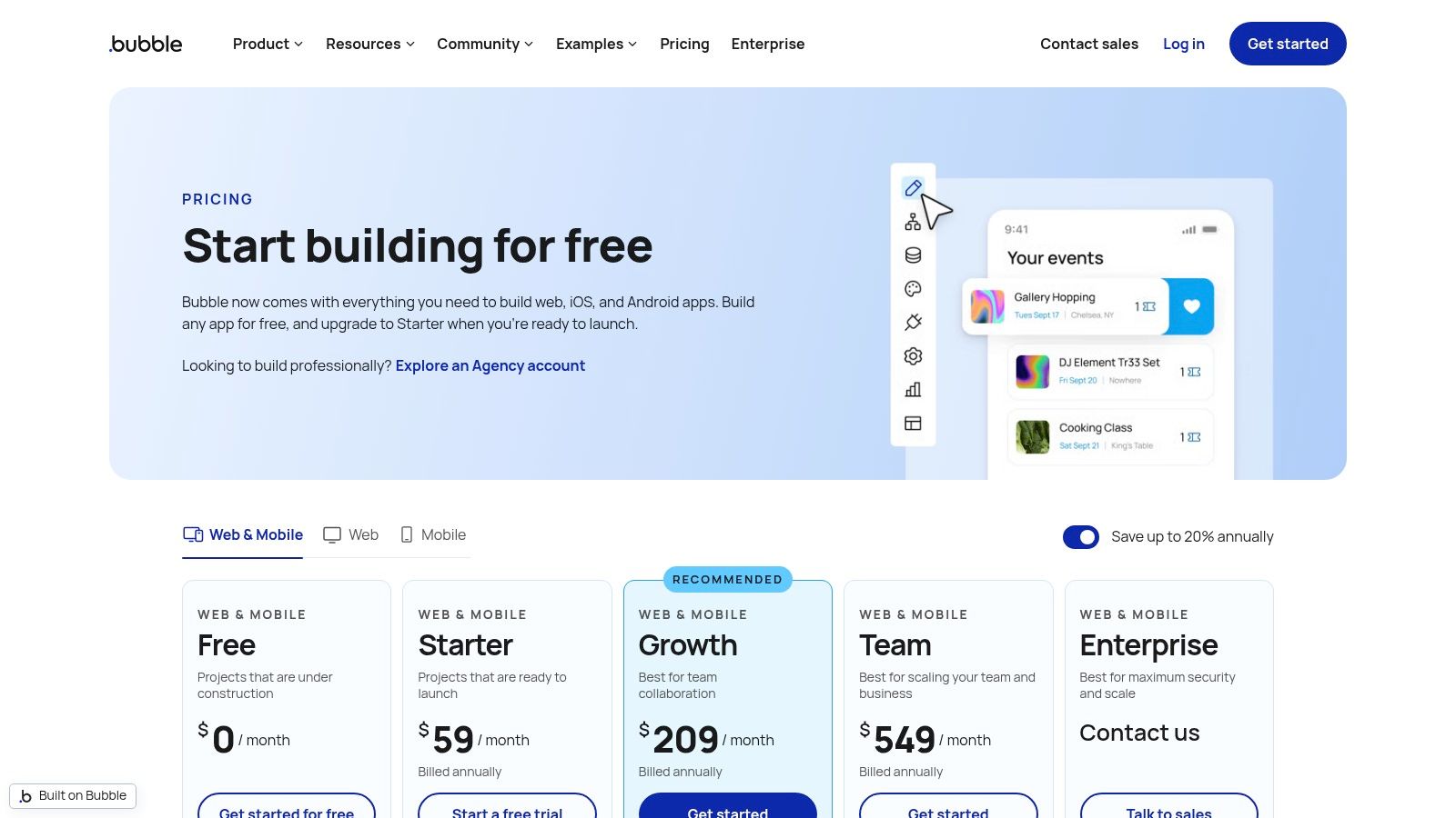 Bubble no-code visual web app builder with workflow editor and database