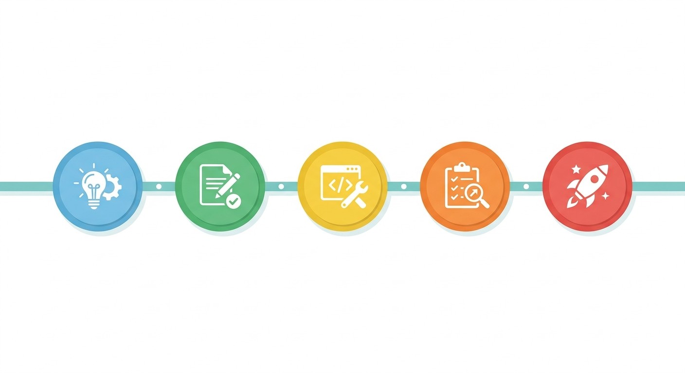 Illustration of a mobile app development timeline showing five connected phases from discovery to deployment