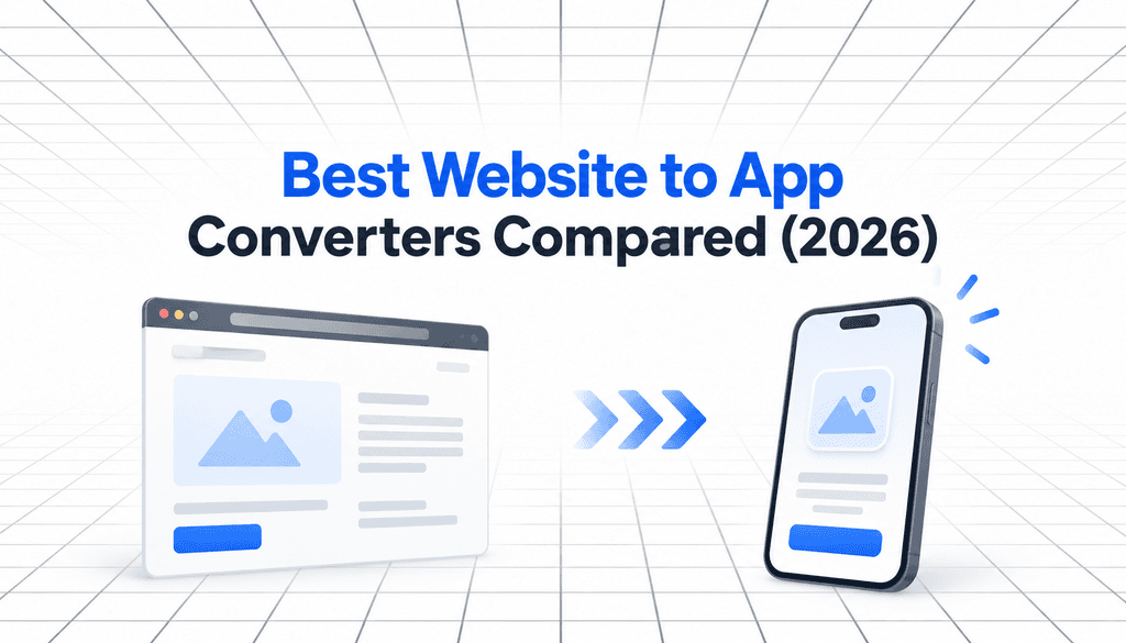Minimal illustration showing a website converting into a mobile app, with the title “Best Website to App Converters Compared (2026).