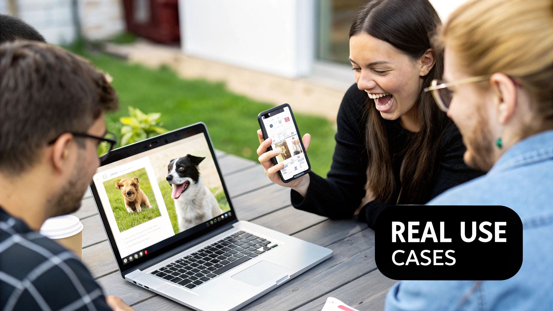 Friends using apps on a laptop and smartphone together outdoors.