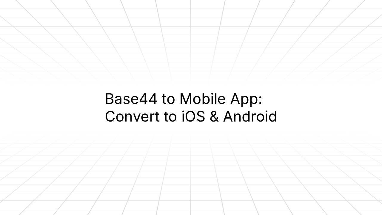 Title card with the text 'Base44 to Mobile App: Convert to iOS & Android' centered on a white background with a faint gray perspective grid radiating from the horizon.