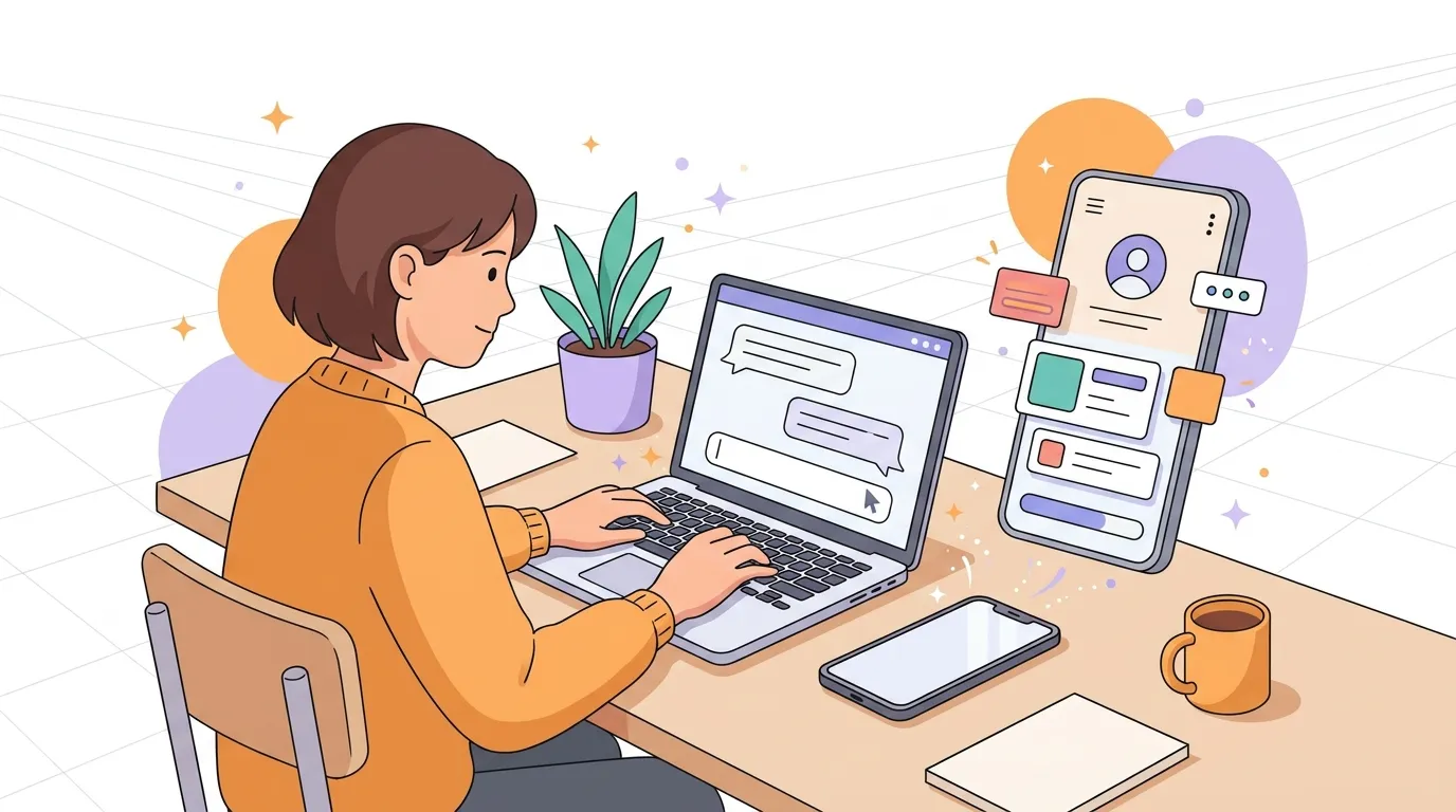 Illustration of a beginner starting vibe coding by describing an app to an AI chat on a laptop