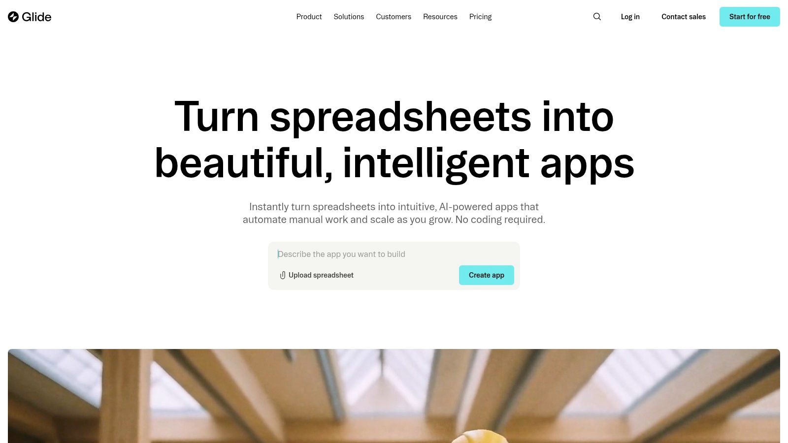 Glide app builder showing a mobile app preview generated from a connected spreadsheet data source