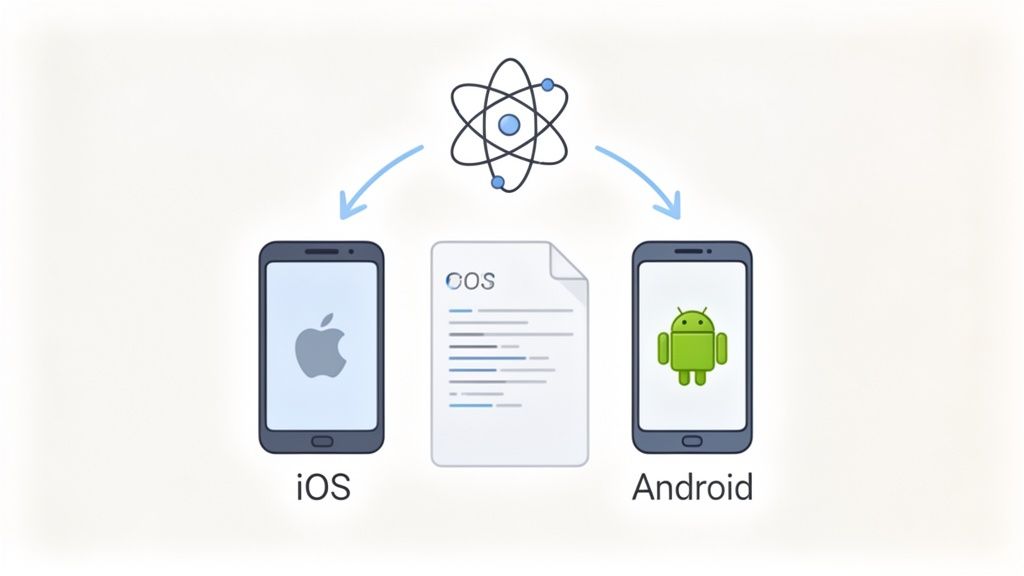 An atom symbol directs to a COS document, then to iOS and Android phones, illustrating cross-platform app development.