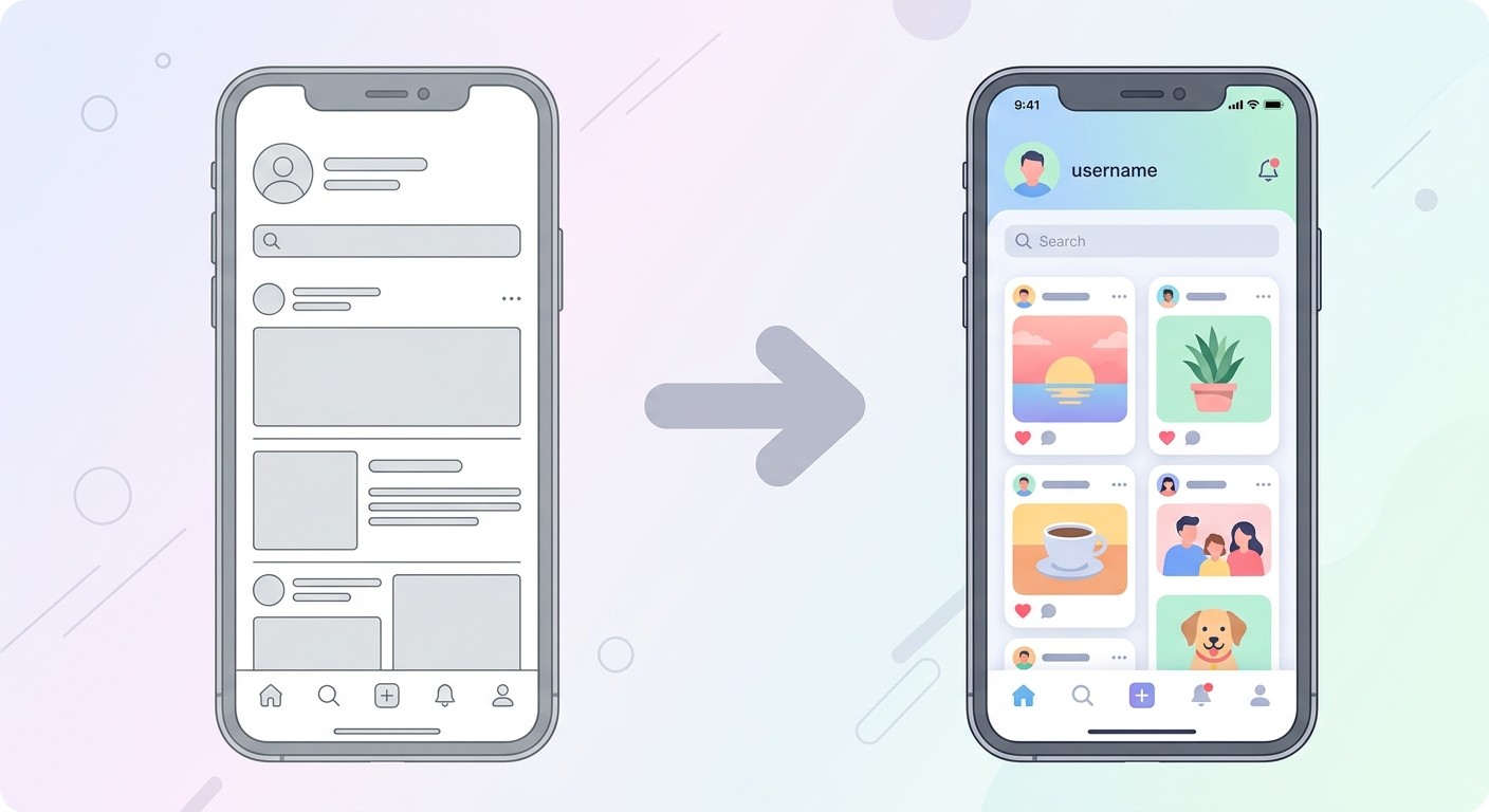 Illustration showing the progression from a grey wireframe to a colorful high-fidelity iPhone mockup
