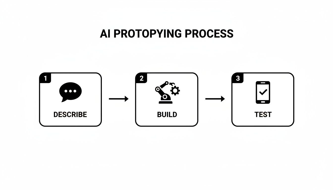 Diagram of a 3-step AI prototyping workflow: Describe, Build, Test