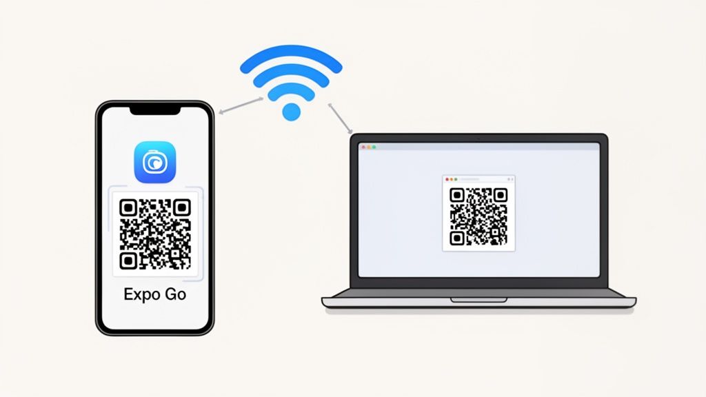 Smartphone showing the Expo Go app connected via Wi-Fi to a laptop displaying a QR code in the terminal.